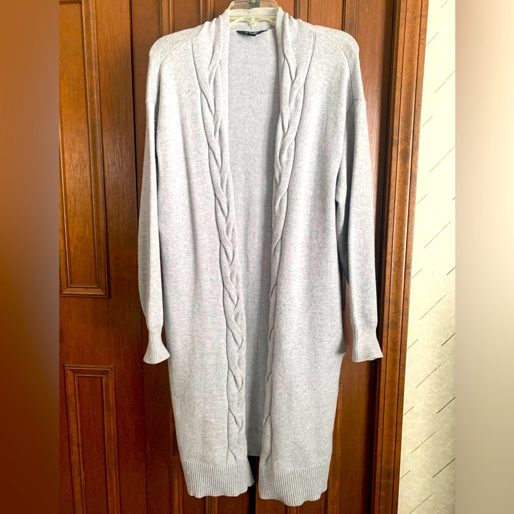 Long Gray Sweater. Cabled along open edges. NWOT